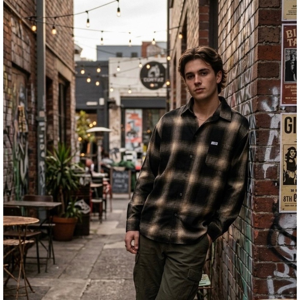 VRG Caltop Mens Shadow Plaid Flannel Shirt Brown Black Long Sleeve S